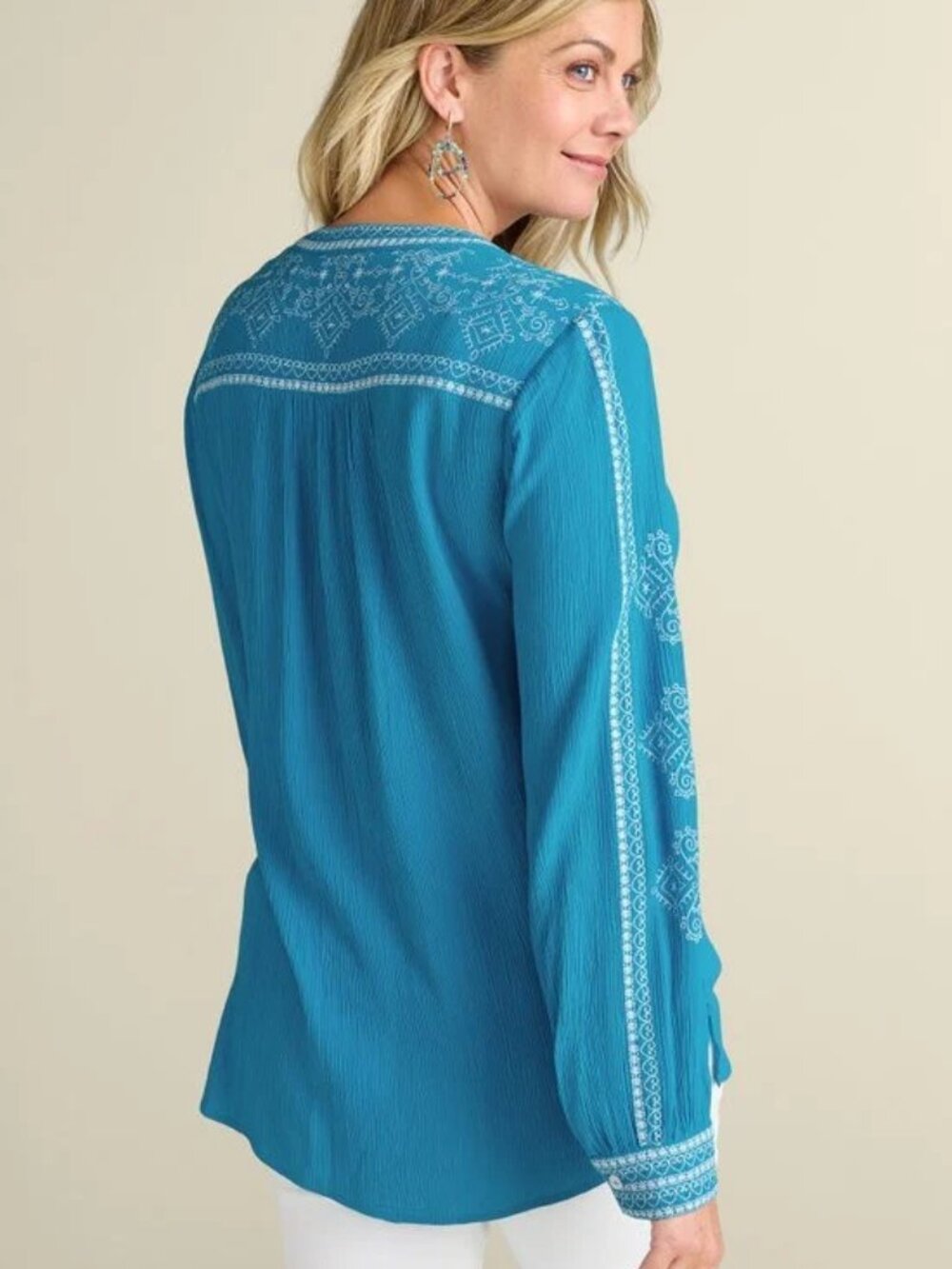 Soft Surroundings Imane Gauze Tunic Embroidered Crinkled Blue size 1X Resortwear - Picture 8 of 16